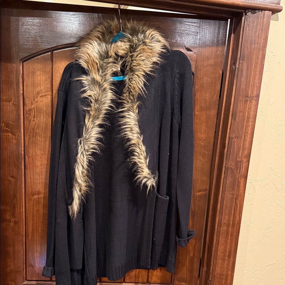 Show Me Your MuMu Black Cardigan with Faux Fur Trim